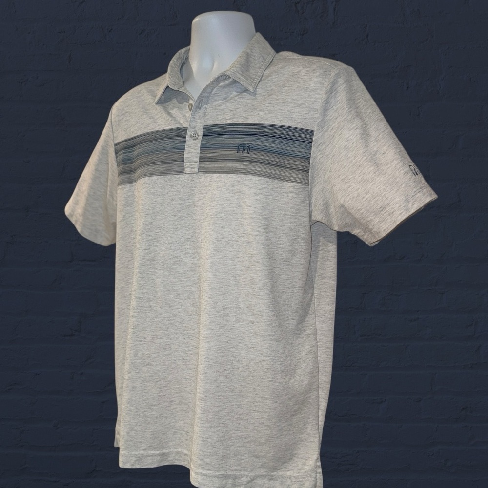 Travis Mathew Polo Men’s Medium Gray Heather Stripe Golf Casual Short Sleeve